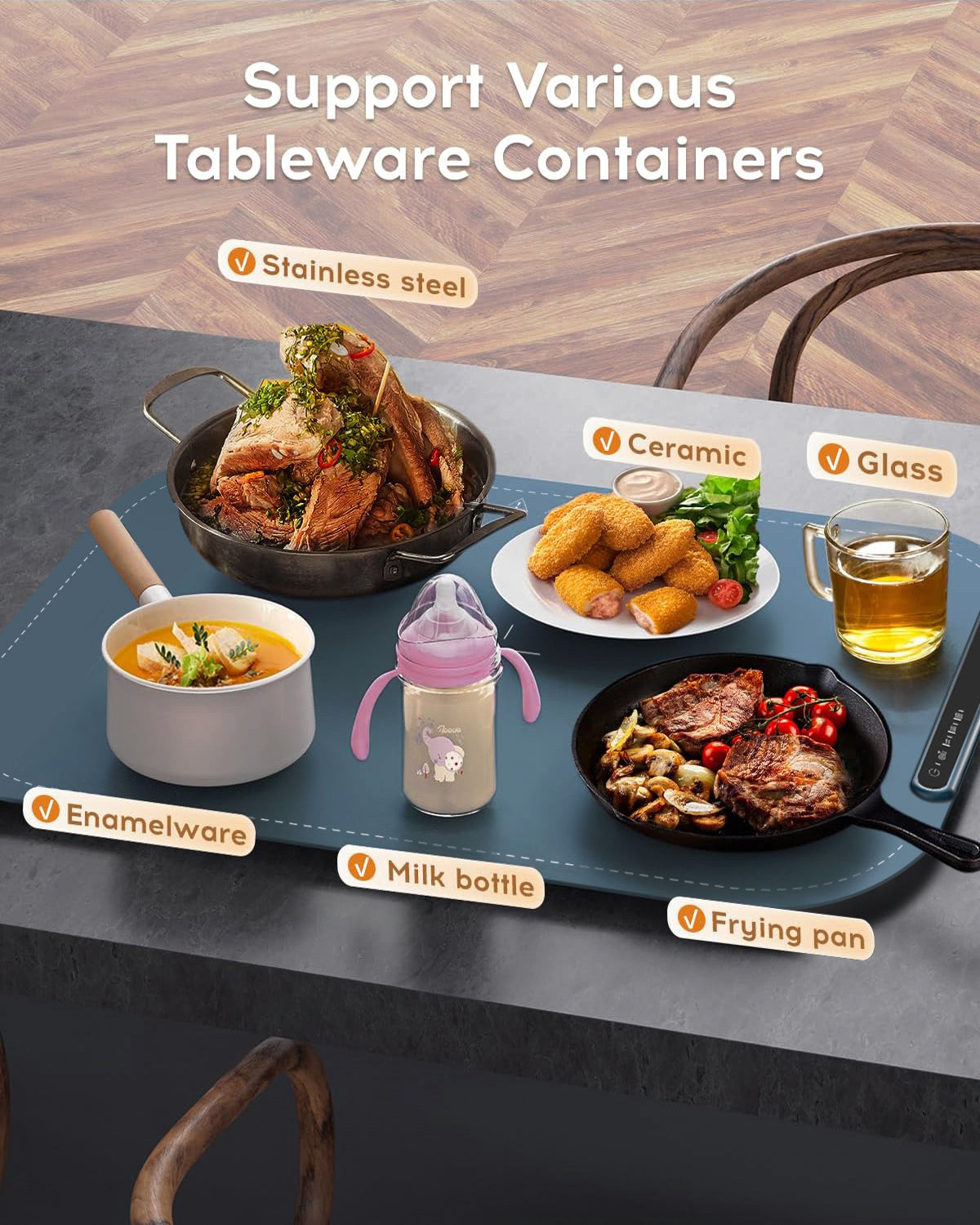 Willing 250W Warming Tray with Temperature Settings - Portable Food Warming Mat for Stainless Steel, Ceramic, and Glass Enamelware in Navy Blue
