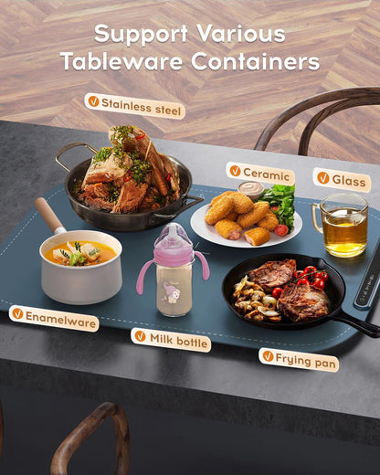 Willing 250W Warming Tray with Temperature Settings - Portable Food Warming Mat for Stainless Steel, Ceramic, and Glass Enamelware in Navy Blue