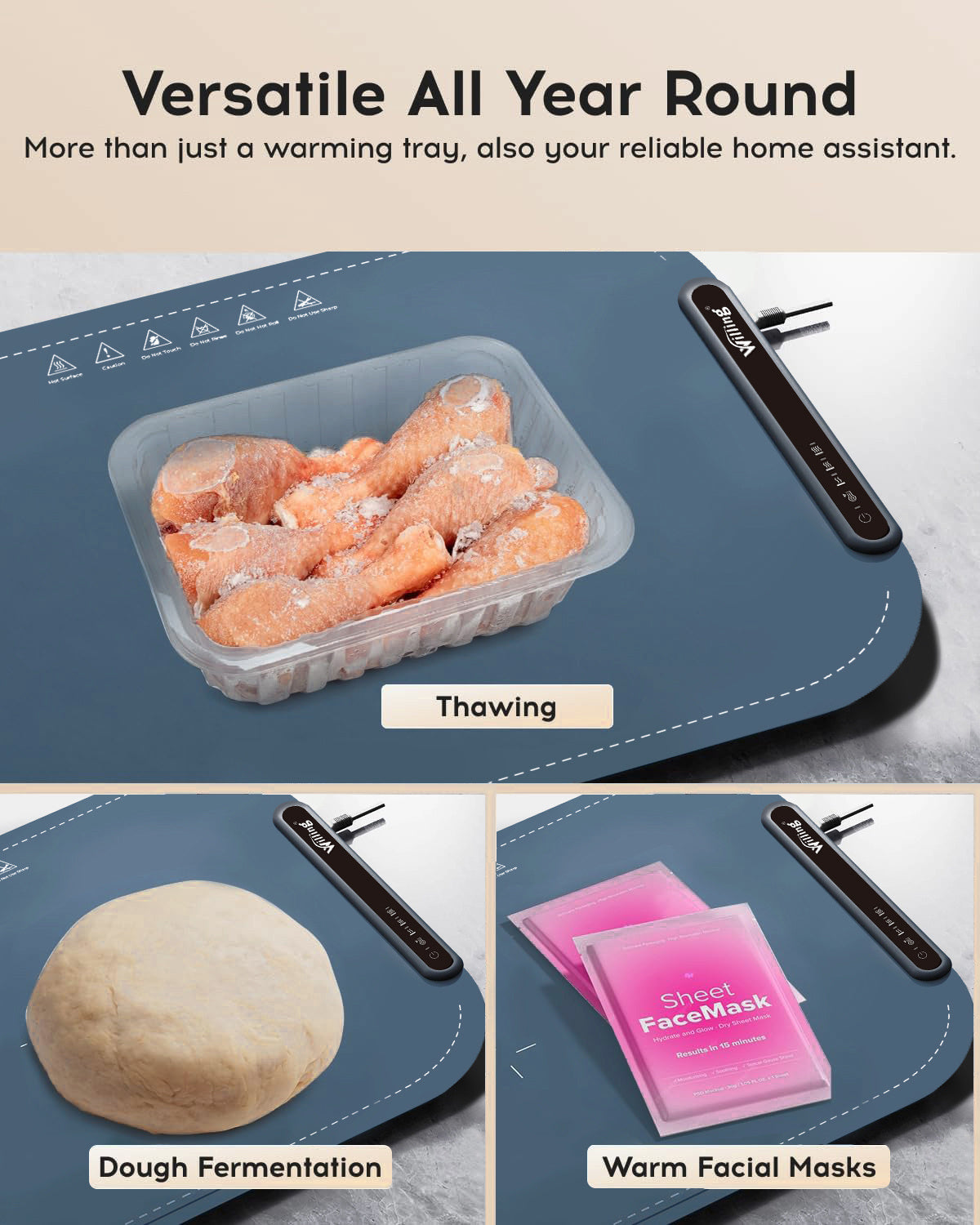 Willing 250W Warming Tray with Temperature Settings - Portable Food Warming Mat for Stainless Steel, Ceramic, and Glass Enamelware in Navy Blue