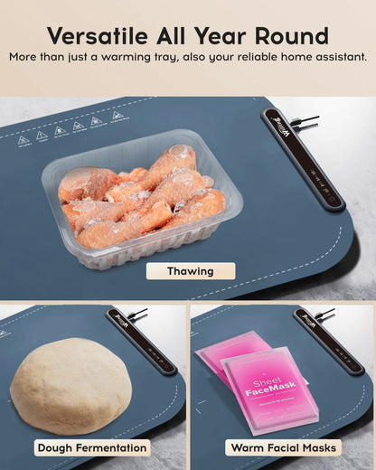 Willing 250W Warming Tray with Temperature Settings - Portable Food Warming Mat for Stainless Steel, Ceramic, and Glass Enamelware in Navy Blue