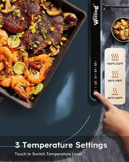 Willing 250W Warming Tray with Temperature Settings - Portable Food Warming Mat for Stainless Steel, Ceramic, and Glass Enamelware in Navy Blue