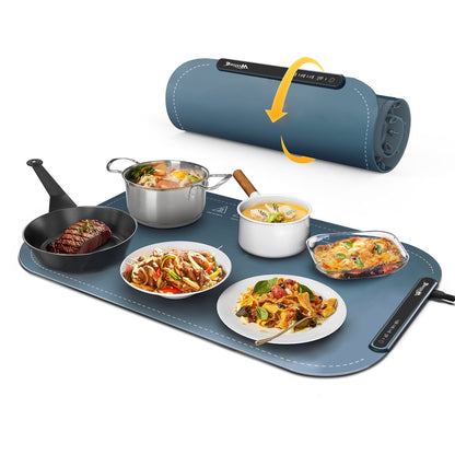 Willing 250W Warming Tray with Temperature Settings - Portable Food Warming Mat for Stainless Steel, Ceramic, and Glass Enamelware in Navy Blue